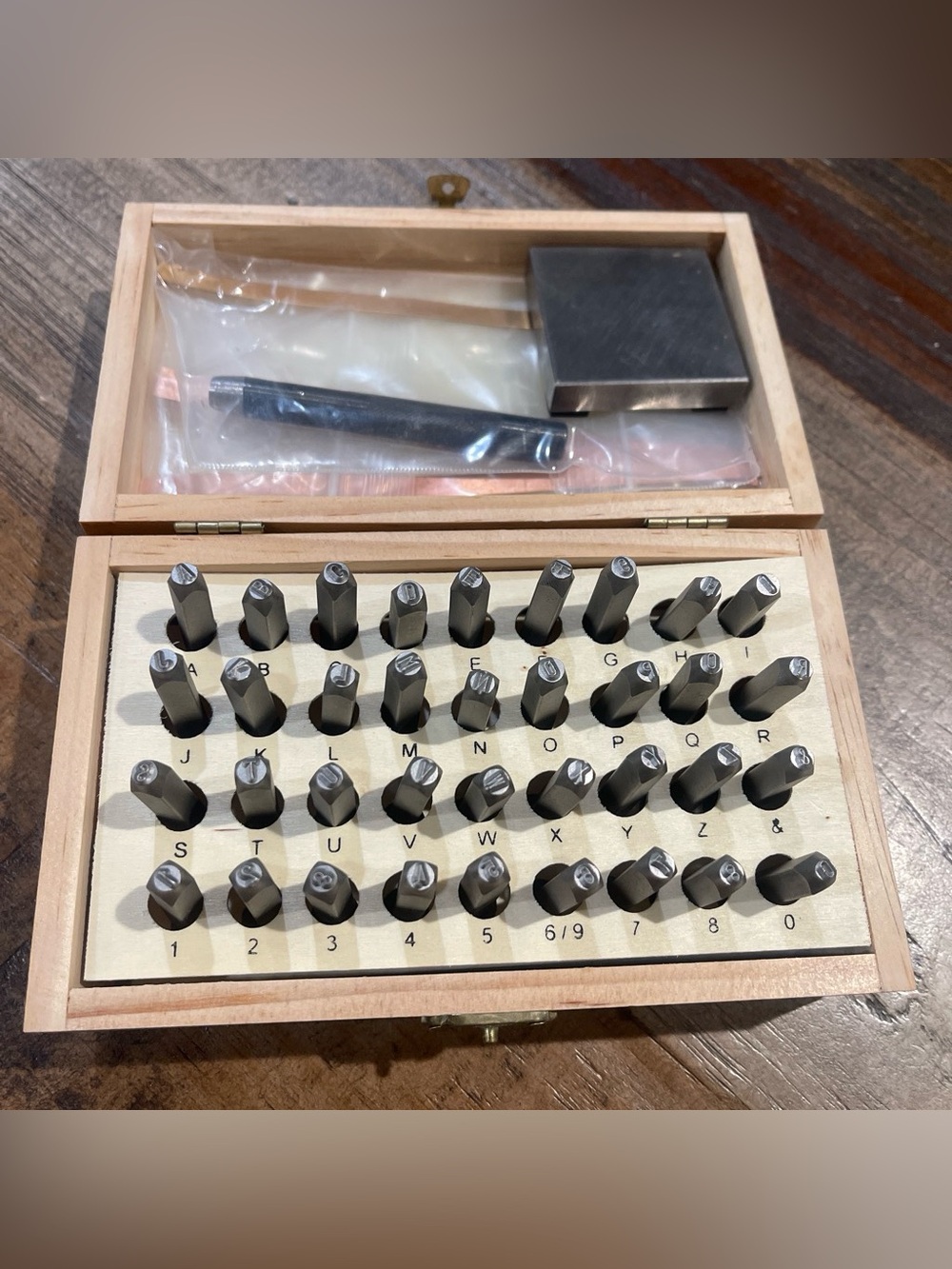 Metal Letter & Number Stamp Set in Black with Natural Wood Case